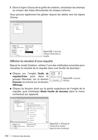 3 Dans la ligne Champ de la grille de création, choisissez les champs
au moyen des listes déroulantes de chaque colonne.
Vous pouvez également les glisser depuis les tables vers les lignes
Champ.

Figure 5.29 : L’ajout des
champs utilisés dans la
requête

Afficher le résultat d’une requête
Depuis le mode Création, utilisez l’une des méthodes suivantes pour
visualiser le résultat de la requête dans une feuille de données :
j

j

Cliquez sur l’onglet Outils de
requête/Créer puis, dans le
groupe Résultats, sur le bouton
Exécuter ou encore sur le bouton
Affichage.

Figure 5.30 : Le groupe
Résultat

Cliquez du bouton droit sur la partie supérieure de l’onglet de la
requête, puis choisissez Mode Feuille de données dans le menu
contextuel qui apparaît.

Figure 5.31 : L’affichage du
résultat de la requête
depuis le menu contextuel

310

5. Extraire des données

 