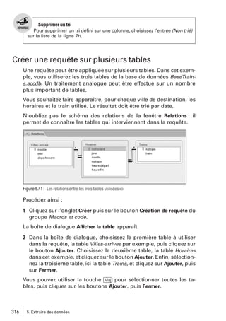 Supprimer un tri
Pour supprimer un tri déﬁni sur une colonne, choisissez l’entrée (Non trié)
sur la liste de la ligne Tri.

Créer une requête sur plusieurs tables
Une requête peut être appliquée sur plusieurs tables. Dans cet exemple, vous utiliserez les trois tables de la base de données BaseTrains.accdb. Un traitement analogue peut être effectué sur un nombre
plus important de tables.
Vous souhaitez faire apparaître, pour chaque ville de destination, les
horaires et le train utilisé. Le résultat doit être trié par date.
N’oubliez pas le schéma des relations de la fenêtre Relations : il
permet de connaître les tables qui interviennent dans la requête.

Figure 5.41 : Les relations entre les trois tables utilisées ici

Procédez ainsi :
1 Cliquez sur l’onglet Créer puis sur le bouton Création de requête du
groupe Macros et code.
La boîte de dialogue Afficher la table apparaît.
2 Dans la boîte de dialogue, choisissez la première table à utiliser
dans la requête, la table Villes-arrivee par exemple, puis cliquez sur
le bouton Ajouter. Choisissez la deuxième table, la table Horaires
dans cet exemple, et cliquez sur le bouton Ajouter. Enﬁn, sélectionnez la troisième table, ici la table Trains, et cliquez sur Ajouter, puis
sur Fermer.
Vous pouvez utiliser la touche [Maj] pour sélectionner toutes les tables, puis cliquer sur les boutons Ajouter, puis Fermer.

316

5. Extraire des données

 
