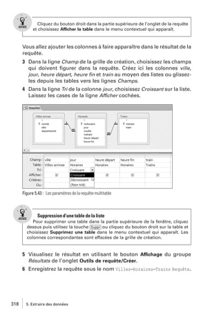 Cliquez du bouton droit dans la partie supérieure de l’onglet de la requête
et choisissez Afficher la table dans le menu contextuel qui apparaît.

Vous allez ajouter les colonnes à faire apparaître dans le résultat de la
requête.
3 Dans la ligne Champ de la grille de création, choisissez les champs
qui doivent ﬁgurer dans la requête. Créez ici les colonnes ville,
jour, heure départ, heure ﬁn et train au moyen des listes ou glissezles depuis les tables vers les lignes Champs.
4 Dans la ligne Tri de la colonne jour, choisissez Croissant sur la liste.
Laissez les cases de la ligne Afficher cochées.

Figure 5.43 : Les paramètres de la requête multitable

Suppression d’une table de la liste
Pour supprimer une table dans la partie supérieure de la fenêtre, cliquez
dessus puis utilisez la touche [Suppr] ou cliquez du bouton droit sur la table et
choisissez Supprimez une table dans le menu contextuel qui apparaît. Les
colonnes correspondantes sont effacées de la grille de création.

5 Visualisez le résultat en utilisant le bouton Affichage du groupe
Résultats de l’onglet Outils de requête/Créer.
6 Enregistrez la requête sous le nom Villes−Horaires−Trains Requête.

318

5. Extraire des données

 