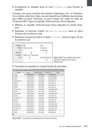 5 Enregistrez la requête sous le nom Critères 03 puis fermez la
requête.
Il existe une autre manière de traduire l’opérateur OU : à l’intérieur
d’un critère cette fois. Votre nouvel objectif est d’afficher les horaires
pour Metz et pour Toulouse, et pour toutes les villes en date du
15 janvier 2011 dans la requête Villes-Horaires-Trains Requête.
1 Affichez la requête Villes-Horaires-Trains Requête en mode Création.
2 Saisissez le premier critère, ici Metz Ou Toulouse, dans la ligne
Critères de la colonne ville.
3 Saisissez le second critère, la date 15/01/2011, dans la ligne Ou de
la colonne jour

Figure 5.49 : Cette requête utilise deux
opérateurs logiques OU, traduits
différemment

4 Visualisez le résultat en mode Feuille de données.

Figure 5.50 : Le résultat de la requête dans la feuille de données

5.2. Les requêtes de sélection

323

 
