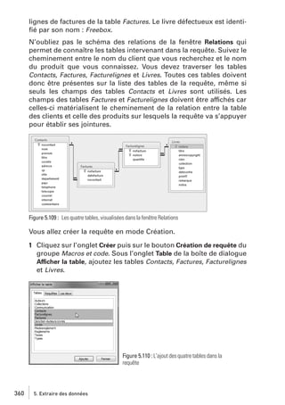 lignes de factures de la table Factures. Le livre défectueux est identiﬁé par son nom : Freebox.
N’oubliez pas le schéma des relations de la fenêtre Relations qui
permet de connaître les tables intervenant dans la requête. Suivez le
cheminement entre le nom du client que vous recherchez et le nom
du produit que vous connaissez. Vous devez traverser les tables
Contacts, Factures, Facturelignes et Livres. Toutes ces tables doivent
donc être présentes sur la liste des tables de la requête, même si
seuls les champs des tables Contacts et Livres sont utilisés. Les
champs des tables Factures et Facturelignes doivent être affichés car
celles-ci matérialisent le cheminement de la relation entre la table
des clients et celle des produits sur lesquels la requête va s’appuyer
pour établir ses jointures.

Figure 5.109 : Les quatre tables, visualisées dans la fenêtre Relations

Vous allez créer la requête en mode Création.
1 Cliquez sur l’onglet Créer puis sur le bouton Création de requête du
groupe Macros et code. Sous l’onglet Table de la boîte de dialogue
Afficher la table, ajoutez les tables Contacts, Factures, Facturelignes
et Livres.

Figure 5.110 : L’ajout des quatre tables dans la
requête

360

5. Extraire des données

 