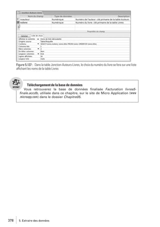 Figure 5.137 : Dans la table Jonction-Auteurs-Livres, le choix du numéro du livre se fera sur une liste
affichant les noms de la table Livres

Téléchargement de la base de données
Vous retrouverez la base de données ﬁnalisée Facturation livres5ﬁnale.accdb, utilisée dans ce chapitre, sur le site de Micro Application (www
.microapp.com) dans le dossier Chapitre05.

378

5. Extraire des données

 