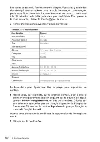 Les zones de texte du formulaire sont vierges. Vous allez y saisir des
données qui seront stockées dans la table Contacts, en commençant
par la zone Nom du contact. La première zone, nocontact, correspond
à la clé primaire de la table ; elle n’est pas modiﬁable. Pour passer à
la zone suivante, utilisez la touche [˜] ou la souris.
7 Renseignez les zones avec les valeurs suivantes :
Tableau 6.1 : Le nouveau contact
Zone de saisie

Donnée

Nom du contact

LUCY

Prénom du contact

Gérald

Titre

Monsieur

Nom de la société
Adresse

12, rue des Épices

Code postal

54000

Ville

NANCY

Département
Pays
Numéro de téléphone

03 00 00 00 00

Numéro de télécopie

03 00 00 00 00

Courriel

gl@abc.fr

Site web
Commentaire

Déménagement prochainement

Le formulaire peut également être employé pour supprimer un
contact.
8 Placez-vous, par exemple, sur le premier contact, c’est-à-dire le
premier enregistrement saisi en cliquant sur le bouton de déplacement Premier enregistrement, en bas de la fenêtre. Cliquez sur
son sélecteur symbolisé par un triangle à gauche de l’onglet du
formulaire. Cliquez sur le bouton Supprimer du groupe Enregistrements de l’onglet Accueil.
Access vous demande de conﬁrmer la suppression de l’enregistrement.
9 Cliquez sur le bouton Oui.

432

6. Améliorer la saisie

 
