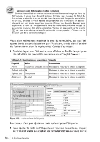 La suppression de l’image en fond du formulaire
Si vous avez utilisé un format automatique utilisant une image en fond de
formulaire, il vous faut d’abord enlever l’image qui masque le fond du
formulaire et dont le nom est stocké dans la propriété Image du formulaire.
Pour cela, affichez le volet Feuille de propriétés du formulaire en doublecliquant sur son angle supérieur gauche. Cliquez sur l’onglet Format puis
supprimez le nom de l’image dans la zone de saisie de la propriété Image. Le
paramètre (aucune) doit alors apparaître. Validez en appuyant sur la touche
[Ä]. Access vous demande conﬁrmation de la suppression. Cliquez sur le
bouton Oui de la boîte de dialogue.

Vous allez maintenant modiﬁer le titre du formulaire, qui est l’étiquette créée automatiquement par l’Assistant, située dans l’en-tête
du formulaire et dont la légende est "Carnet d’adresses".
4 Double-cliquez sur l’étiquette pour afficher sa feuille des propriétés. Modiﬁez les propriétés suivantes sous l’onglet Format :
Tableau 6.2 : Modification des propriétés de l’étiquette
Propriété

Valeur

Commentaire

Police

Aharoni (ou une autre police) Choisissez la valeur sur la liste de la propriété.

Taille de police 24

Choisissez la valeur sur la liste de la propriété.

Style de fond

Transparent

Choisissez la valeur sur la liste de la propriété.

Apparence

En relief

Choisissez la valeur sur la liste de la propriété.

Figure 6.73 : La mise en forme de l’étiquette

Le contour n’est pas ajusté au texte qui compose l’étiquette.
5 Pour ajuster la taille de l’étiquette en fonction du contenu, cliquez
sur l’onglet Outils de création de formulaire/Organiser puis sur le
434

6. Améliorer la saisie

 