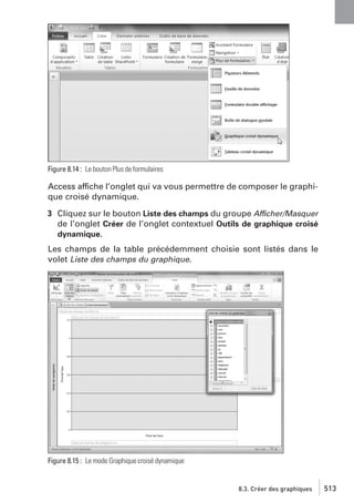 Figure 8.14 : Le bouton Plus de formulaires

Access affiche l’onglet qui va vous permettre de composer le graphique croisé dynamique.
3 Cliquez sur le bouton Liste des champs du groupe Afficher/Masquer
de l’onglet Créer de l’onglet contextuel Outils de graphique croisé
dynamique.
Les champs de la table précédemment choisie sont listés dans le
volet Liste des champs du graphique.

Figure 8.15 : Le mode Graphique croisé dynamique

8.3. Créer des graphiques

513

 