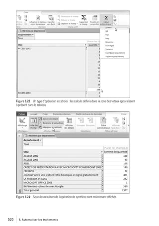 Figure 8.23 : Un type d’opération est choisi : les calculs déﬁnis dans la zone des totaux apparaissent
à présent dans le tableau

Figure 8.24 : Seuls les résultats de l’opération de synthèse sont maintenant affichés

520

8. Automatiser les traitements

 