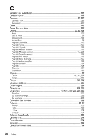 C
Caractère de substitution................................................................................................... 117
Caractère joker..................................................................................................................... 117
Cascade........................................................................................................................... 20, 260
De mise à jour ............................................................................................................................. 262
Suppression................................................................................................................................. 262

Casse...................................................................................................................................... 172
Casse de caractères ........................................................................................................... 116
Champ ........................................................................................................................ 20, 60, 101
Ajout ............................................................................................................................................ 159
Date et heure ................................................................................................................................ 91
Déplacement ............................................................................................................................... 162
NuméroAuto .................................................................................................................................. 91
Propriété Décimales .................................................................................................................... 176
Propriété Format.......................................................................................................................... 168
Propriété Légende ....................................................................................................................... 177
Propriété Masque de saisie ........................................................................................................ 179
Propriété Message si erreur ............................................................................................... 197, 201
Propriété Nouvelles valeurs........................................................................................................ 167
Propriété Null interdit ................................................................................................................. 179
Propriété Taille du champ ........................................................................................................... 165
Propriété Valeur par défaut......................................................................................................... 177
Propriété Valide si....................................................................................................................... 197
Propriétés .................................................................................................................................... 164
Sélection...................................................................................................................................... 160
Suppression................................................................................................................................. 162

Champ ...................................................................................................................................... 20
Calculé......................................................................................................................... 204, 267, 539
Vierge .......................................................................................................................................... 117

Classe............................................................................................................................. 383, 539
Clause de prédicat............................................................................................................... 325
Clé étrangère ........................................................................................................................ 237
Clé externe .................................................................................................................... 237, 539
Clé primaire................................................................................. 19, 30, 64, 232-233, 237, 539
Supprimer .................................................................................................................................... 236
Sur plusieurs champs.................................................................................................................. 235
Sur un champ .............................................................................................................................. 233

Cohérence des données..................................................................................................... 229
Colonne.............................................................................................................................. 20, 25
Afficher ........................................................................................................................................ 108
Figée ............................................................................................................................................ 103
Libérée......................................................................................................................................... 104
Masquer ...................................................................................................................................... 107

Colonne de recherche ........................................................................................................ 196
Colonne liée .......................................................................................................................... 374
Concaténation ...................................................................................................................... 354
Condition................................................................................................................................ 132
Conﬁguration matérielle ....................................................................................................... 14

548

Index

 