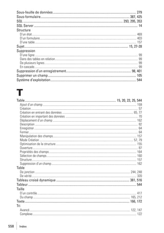 Sous-feuille de données..................................................................................................... 279
Sous-formulaire............................................................................................................ 387, 425
SQL ......................................................................................................................... 293, 295, 353
SQL Server .............................................................................................................................. 14
Structure
D’un état...................................................................................................................................... 469
D’un formulaire............................................................................................................................ 403
D’une table .................................................................................................................................. 157

Sujet.............................................................................................................................. 15, 27-28
Suppression
D’une ligne .................................................................................................................................... 99
Dans des tables en relation.......................................................................................................... 99
De plusieurs lignes........................................................................................................................ 99
En cascade..................................................................................................................................... 99

Suppression d’un enregistrement............................................................................... 98, 401
Supprimer un champ........................................................................................................... 105
Système d’exploitation........................................................................................................ 544

T
Table............................................................................................................... 15, 20, 22, 25, 544
Ajout d’un champ ........................................................................................................................ 159
Création ......................................................................................................................................... 57
Création en entrant des données ........................................................................................... 65, 77
Création en important des données ............................................................................................. 70
Déplacement d’un champ ........................................................................................................... 162
Description .................................................................................................................................... 82
Enregistrer ..................................................................................................................................... 64
Fermer............................................................................................................................................ 64
Manipulation des champs........................................................................................................... 157
Mode Création ........................................................................................................................ 57, 79
Optimisation de la structure ....................................................................................................... 155
Ouverture....................................................................................................................................... 87
Propriétés des champs................................................................................................................ 164
Sélection de champs................................................................................................................... 160
Structure...................................................................................................................................... 157
Suppression d’un champ............................................................................................................. 162

Table
De jonction .......................................................................................................................... 244, 248
De vérité ...................................................................................................................................... 320

Tableau croisé dynamique ......................................................................................... 381, 516
Tableur ................................................................................................................................... 544
Taille
D’un contrôle ............................................................................................................................... 417
Du champ ............................................................................................................................ 165, 212

Texte............................................................................................................................... 166, 172
Tri
Avancé................................................................................................................................. 122, 147
Complexe..................................................................................................................................... 122

558

Index

 