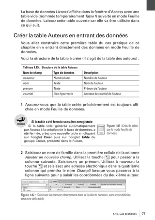 La base de données Livres s’affiche dans la fenêtre d’Access avec une
table vide (nommée temporairement Table1) ouverte en mode Feuille
de données. Laissez cette table ouverte car elle va être utilisée dans
ce qui suit.

Créer la table Auteurs en entrant des données
Vous allez construire cette première table du cas pratique de ce
chapitre en y entrant directement des données en mode Feuille de
données.
Voici la structure de la table à créer (il s’agit de la table des auteurs) :
Tableau 1.15 : Structure de la table Auteurs
Nom de champ

Type de données

Description

noauteur

NuméroAuto

Numéro de l’auteur

nom

Texte

Nom de l’auteur

prenom

Texte

Prénom de l’auteur

courriel

Lien hypertexte

Adresse de courriel de l’auteur

1 Assurez-vous que la table créée précédemment est toujours affichée en mode Feuille de données.

Si la table a été fermée sans être enregistrée
Si la table vide, générée automatiquement
par Access à la création de la base de données, a
été fermée, créez une nouvelle table en cliquant
sur l’onglet Créer puis sur l’onglet Table du
groupe Tables, présenté dans le Ruban.

Figure 1.81 : Créez la table
par le mode Feuille de
données

2 Saisissez un nom de famille dans la première cellule de la colonne
Ajouter un nouveau champ. Utilisez la touche [˜] pour passer à la
colonne suivante. Saisissez-y un prénom. Utilisez à nouveau la
touche [˜] et saisissez une adresse électronique dans la quatrième
colonne qui prendra le nom Champ3 lorsque vous passerez à la
ligne suivante pour y saisir les coordonnées du deuxième auteur.

Figure 1.82 : Saisissez les données directement dans la feuille de données, sans avoir déﬁni la
structure de la table

1.10. Cas pratiques

77

 