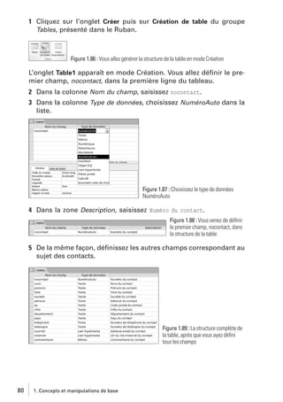 1 Cliquez sur l’onglet Créer puis sur Création de table du groupe
Tables, présenté dans le Ruban.

Figure 1.86 : Vous allez générer la structure de la table en mode Création

L’onglet Table1 apparaît en mode Création. Vous allez déﬁnir le premier champ, nocontact, dans la première ligne du tableau.
2 Dans la colonne Nom du champ, saisissez nocontact.
3 Dans la colonne Type de données, choisissez NuméroAuto dans la
liste.

Figure 1.87 : Choisissez le type de données
NuméroAuto

4 Dans la zone Description, saisissez Numéro du contact.
Figure 1.88 : Vous venez de déﬁnir
le premier champ, nocontact, dans
la structure de la table

5 De la même façon, déﬁnissez les autres champs correspondant au
sujet des contacts.

Figure 1.89 : La structure complète de
la table, après que vous ayez déﬁni
tous les champs

80

1. Concepts et manipulations de base

 