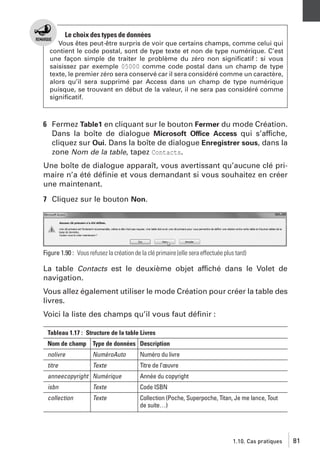Le choix des types de données
Vous êtes peut-être surpris de voir que certains champs, comme celui qui
contient le code postal, sont de type texte et non de type numérique. C’est
une façon simple de traiter le problème du zéro non signiﬁcatif : si vous
saisissez par exemple 05000 comme code postal dans un champ de type
texte, le premier zéro sera conservé car il sera considéré comme un caractère,
alors qu’il sera supprimé par Access dans un champ de type numérique
puisque, se trouvant en début de la valeur, il ne sera pas considéré comme
signiﬁcatif.

6 Fermez Table1 en cliquant sur le bouton Fermer du mode Création.
Dans la boîte de dialogue Microsoft Office Access qui s’affiche,
cliquez sur Oui. Dans la boîte de dialogue Enregistrer sous, dans la
zone Nom de la table, tapez Contacts.
Une boîte de dialogue apparaît, vous avertissant qu’aucune clé primaire n’a été déﬁnie et vous demandant si vous souhaitez en créer
une maintenant.
7 Cliquez sur le bouton Non.

Figure 1.90 : Vous refusez la création de la clé primaire (elle sera effectuée plus tard)

La table Contacts est le deuxième objet affiché dans le Volet de
navigation.
Vous allez également utiliser le mode Création pour créer la table des
livres.
Voici la liste des champs qu’il vous faut déﬁnir :
Tableau 1.17 : Structure de la table Livres
Nom de champ Type de données Description
nolivre

NuméroAuto

Numéro du livre

titre

Texte

Titre de l’œuvre

anneecopyright Numérique

Année du copyright

isbn

Texte

Code ISBN

collection

Texte

Collection (Poche, Superpoche, Titan, Je me lance, Tout
de suite…)

1.10. Cas pratiques

81

 