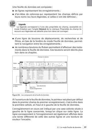 Une feuille de données est composée :
j

de lignes représentant les enregistrements ;

j

d’en-têtes de colonnes qui représentent les champs déﬁnis par
leurs noms (ou leurs légendes, si celles-ci ont été déﬁnies) ;

Légende
La légende correspond à l’une des propriétés du champ, accessible en
mode Création par l’onglet Général de la rubrique Propriétés du champ (le
recours aux légendes est détaillé plus loin dans cet ouvrage).

j

d’une ligne de boutons de déplacements, de recherches et de
ﬁltres, en bas de la fenêtre du mode Feuille de données, permettant la navigation entre les enregistrements ;

j

de nombreux boutons du Ruban permettent d’effectuer des traitements dans la feuille de données. Ces boutons seront décrits plus
loin dans ce chapitre.

Figure 2.6 : Les composants de la feuille de données

À l’ouverture de la feuille de données, le pointeur est placé par défaut
dans le premier champ du premier enregistrement, c’est-à-dire dans
la première cellule, en haut et à gauche de la feuille de données.
L’enregistrement en cours est indiqué par une case colorée située à
gauche de la ligne concernée, lorsqu’on clique sur cette ligne. La
ligne correspondant à l’enregistrement est également affichée dans
une teinte différente de celle des autres lignes et une bordure de
couleur l’encadre.

2.1. Le mode Feuille de données

89

 