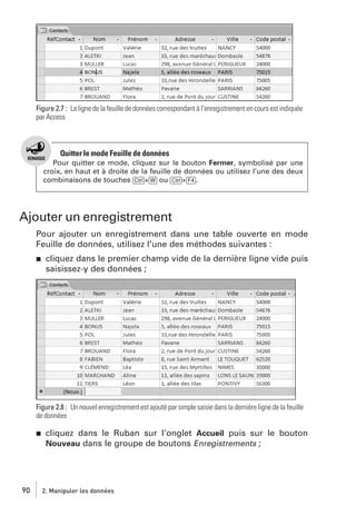 Figure 2.7 : La ligne de la feuille de données correspondant à l’enregistrement en cours est indiquée
par Access

Quitter le mode Feuille de données
Pour quitter ce mode, cliquez sur le bouton Fermer, symbolisé par une
croix, en haut et à droite de la feuille de données ou utilisez l’une des deux
combinaisons de touches [Ctrl]+[W] ou [Ctrl]+[F4].

Ajouter un enregistrement
Pour ajouter un enregistrement dans une table ouverte en mode
Feuille de données, utilisez l’une des méthodes suivantes :
j

cliquez dans le premier champ vide de la dernière ligne vide puis
saisissez-y des données ;

Figure 2.8 : Un nouvel enregistrement est ajouté par simple saisie dans la dernière ligne de la feuille
de données
j

90

cliquez dans le Ruban sur l’onglet Accueil puis sur le bouton
Nouveau dans le groupe de boutons Enregistrements ;

2. Manipuler les données

 