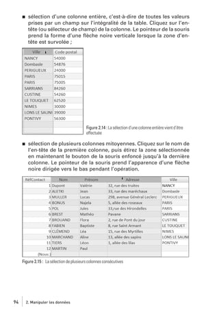 j

sélection d’une colonne entière, c’est-à-dire de toutes les valeurs
prises par un champ sur l’intégralité de la table. Cliquez sur l’entête (ou sélecteur de champ) de la colonne. Le pointeur de la souris
prend la forme d’une ﬂèche noire verticale lorsque la zone d’entête est survolée ;

Figure 2.14 : La sélection d’une colonne entière vient d’être
effectuée
j

sélection de plusieurs colonnes mitoyennes. Cliquez sur le nom de
l’en-tête de la première colonne, puis étirez la zone sélectionnée
en maintenant le bouton de la souris enfoncé jusqu’à la dernière
colonne. Le pointeur de la souris prend l’apparence d’une ﬂèche
noire dirigée vers le bas pendant l’opération.

Figure 2.15 : La sélection de plusieurs colonnes consécutives

94

2. Manipuler les données

 