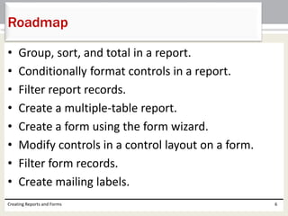• Group, sort, and total in a report.
• Conditionally format controls in a report.
• Filter report records.
• Create a multiple-table report.
• Create a form using the form wizard.
• Modify controls in a control layout on a form.
• Filter form records.
• Create mailing labels.
Creating Reports and Forms 6
Roadmap
 