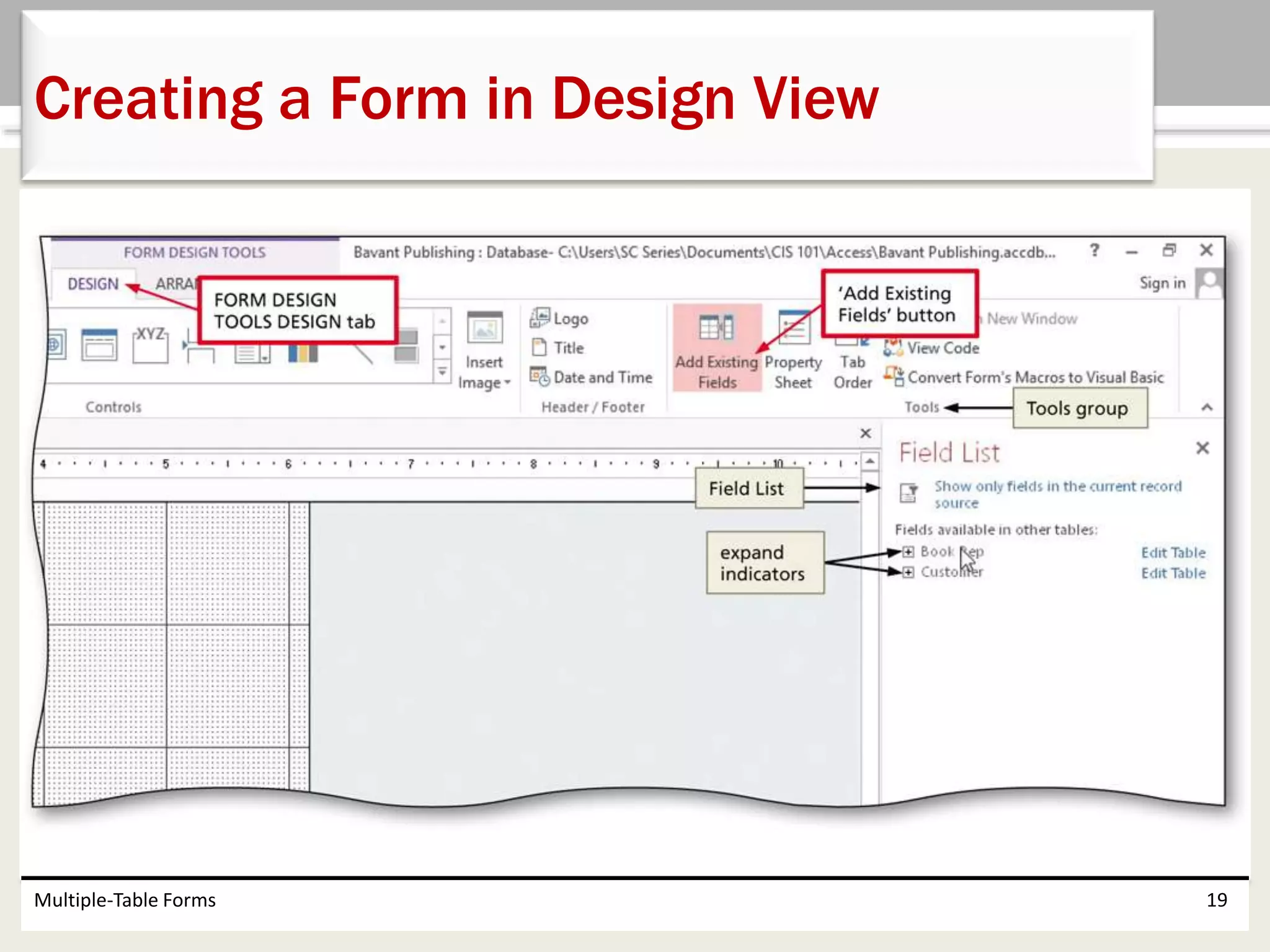 Multiple-Table Forms 19
Creating a Form in Design View
 