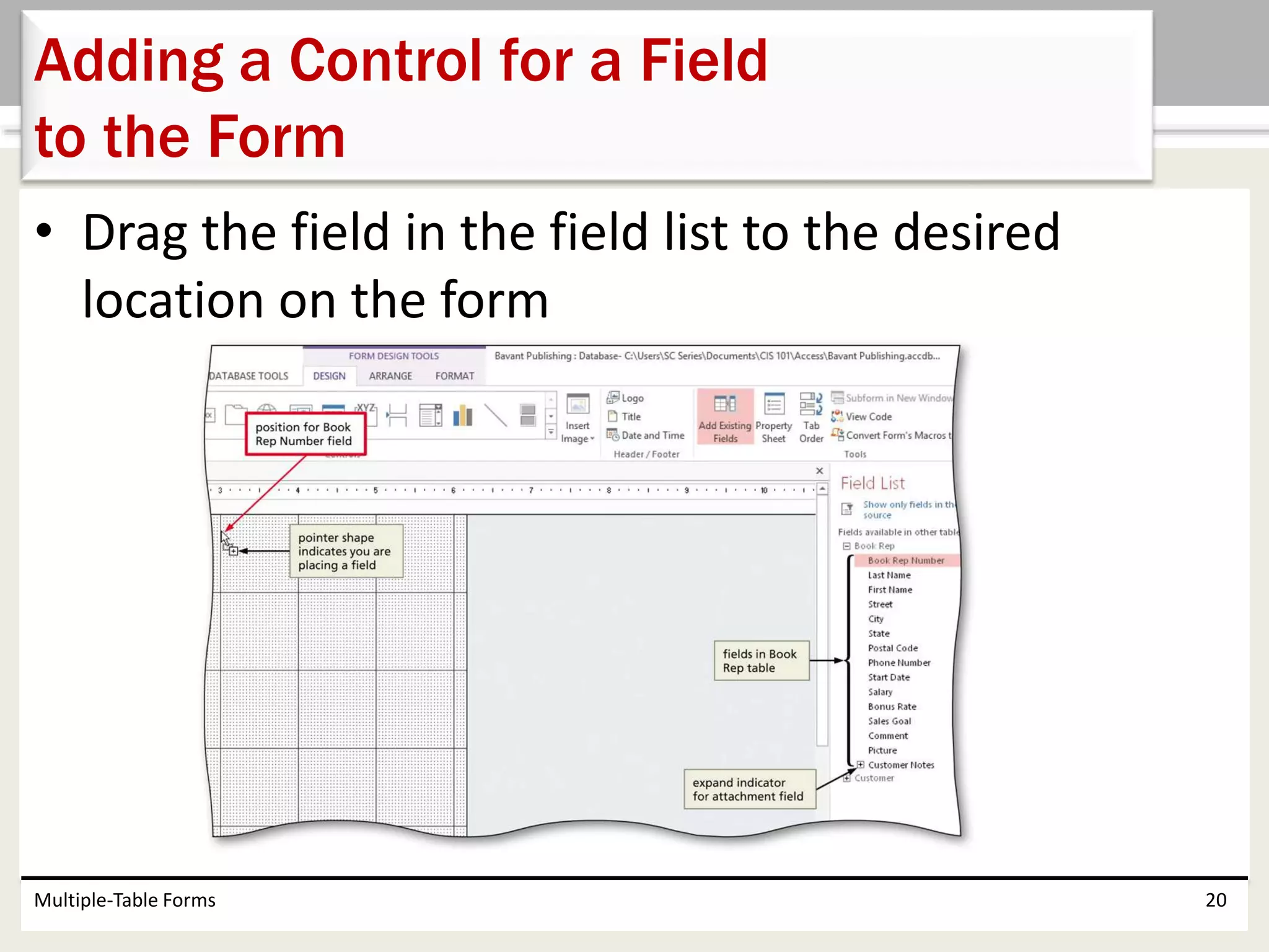 • Drag the field in the field list to the desired
location on the form
Multiple-Table Forms 20
Adding a Control for a Field
to the Form
 
