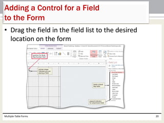 • Drag the field in the field list to the desired
location on the form
Multiple-Table Forms 20
Adding a Control for a Field
to the Form
 
