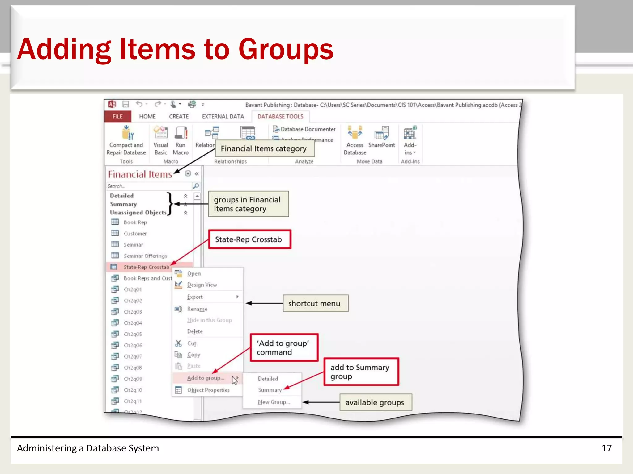 Administering a Database System 17
Adding Items to Groups
 