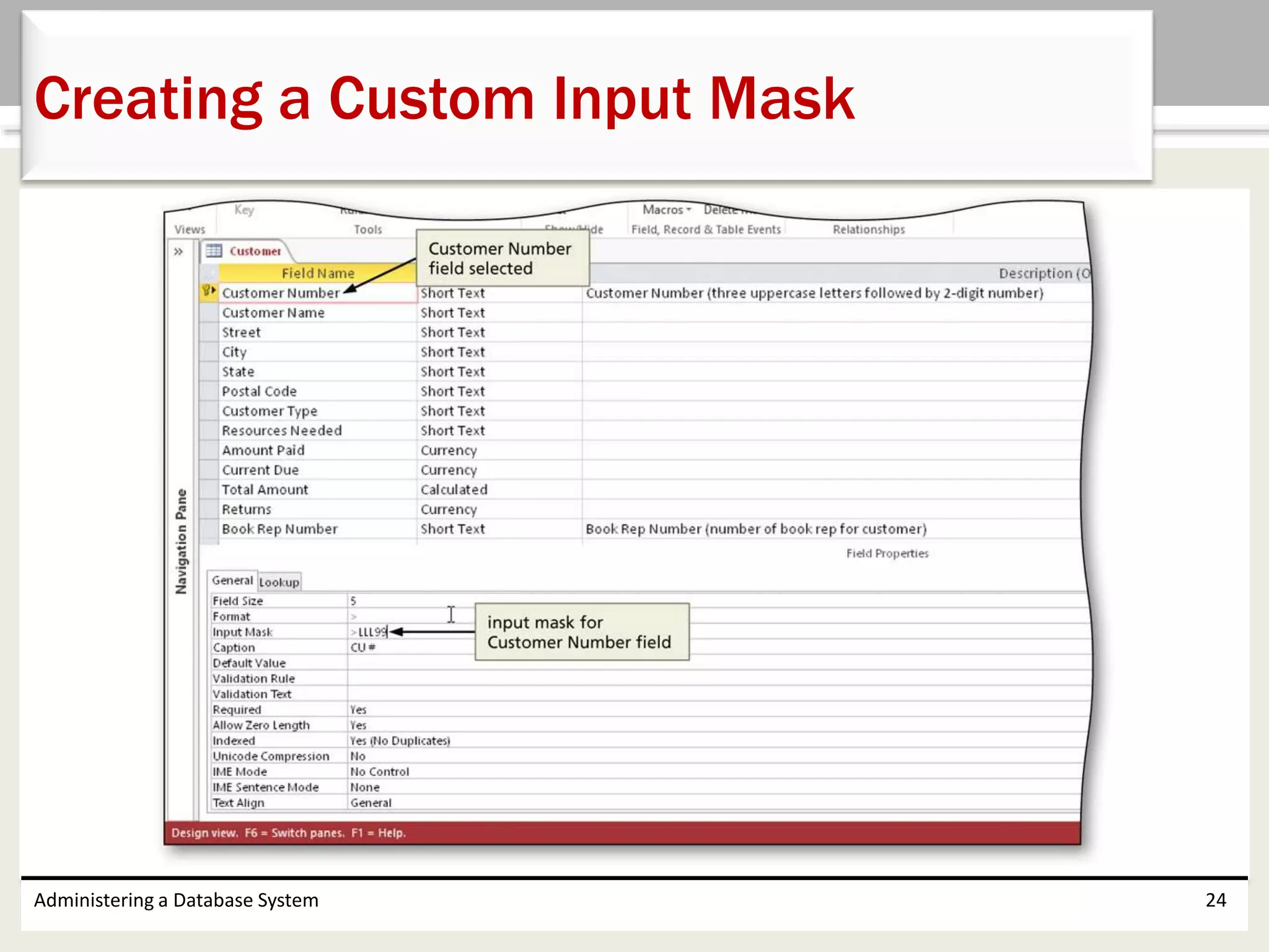 Administering a Database System 24
Creating a Custom Input Mask
 