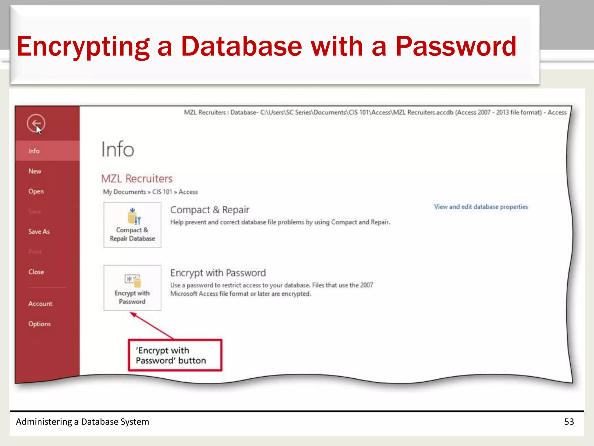 Administering a Database System 53
Encrypting a Database with a Password
 