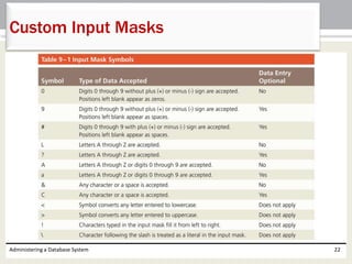 Administering a Database System 22
Custom Input Masks
 