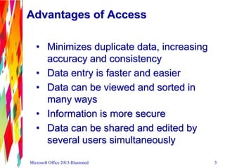 Advantages of Access
• Minimizes duplicate data, increasing
accuracy and consistency
• Data entry is faster and easier
• Data can be viewed and sorted in
many ways
• Information is more secure
• Data can be shared and edited by
several users simultaneously
Microsoft Office 2013-Illustrated 5
 
