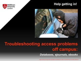 Troubleshooting access problems
off campus:
Databases, ejournals, ebooks
Help getting in!
Image courtesy of: http://www.androidpit.com/Jacking-Cars-With-An-Android-Phone-You-Better-Believe-It
 