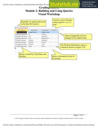 Grading Rubric
Module 2: Building and Using Queries
Visual Workshop
(page 1 of 1)
© 2017 Cengage Learning®. May not be scanned, copied or duplicated, or posted to a publicly accessible website, in whole or in part.
The PitchersAndCatchers query is
created as shown in Figure 2-24
Aaron Campanella record is
changed to the student name
Criteria to show Position
values equal to 1 or 2 is
used
Query is formatted to best fit
for all data
Baseball-2 is opened and saved
to the data file location
Query is sorted by TeamName and
Position
Full file at https://testbankuniv.eu/Illustrated-Microsoft-Office-365-and-Access-2016-Introductory-1st-Edition-Friedrichsen-Solutions-Manual
Full file at https://testbankuniv.eu/Illustrated-Microsoft-Office-365-and-Access-2016-Introductory-1st-Edition-Friedrichsen-Solutions-Manual
 