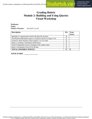© 2017 Cengage Learning®. May not be scanned, copied or duplicated, or posted to a publicly accessible website, in whole or in part.
Grading Rubric
Module 2: Building and Using Queries
Visual Workshop
Professor:
Notes:
Solution Filename: Baseball-2.accdb
Description Pts Your
Score
Baseball-2 is opened and saved to the data file location 2
The PitchersAndCatchers query is created as shown in Figure 2-24 3
Criteria to show Position values equal to 1 or 2 is used 3
Query is sorted by TeamName and Position 3
Aaron Campanella record is changed to the student name 3
Query is formatted to best fit for all data 3
TOTAL POSSIBLE POINTS: 17 0
YOUR SCORE: _______________
Full file at https://testbankuniv.eu/Illustrated-Microsoft-Office-365-and-Access-2016-Introductory-1st-Edition-Friedrichsen-Solutions-Manual
Full file at https://testbankuniv.eu/Illustrated-Microsoft-Office-365-and-Access-2016-Introductory-1st-Edition-Friedrichsen-Solutions-Manual
 