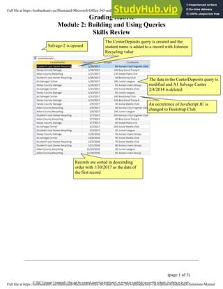 Grading Rubric
Module 2: Building and Using Queries
Skills Review
(page 1 of 3)
© 2017 Cengage Learning®. May not be scanned, copied or duplicated, or posted to a publicly accessible website, in whole or in part.
Records are sorted in descending
order with 1/30/2017 as the date of
the first record
The CenterDeposits query is created and the
student name is added to a record with Johnson
Recycling value
Salvage-2 is opened
The data in the CenterDeposits query is
modified and A1 Salvage Center
2/4/2014 is deleted
An occurrence of JavaScript JC is
changed to Bootstrap Club
Full file at https://testbankuniv.eu/Illustrated-Microsoft-Office-365-and-Access-2016-Introductory-1st-Edition-Friedrichsen-Solutions-Manual
Full file at https://testbankuniv.eu/Illustrated-Microsoft-Office-365-and-Access-2016-Introductory-1st-Edition-Friedrichsen-Solutions-Manual
 