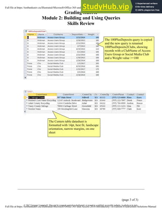 Grading Rubric
Module 2: Building and Using Queries
Skills Review
(page 3 of 3)
© 2017 Cengage Learning®. May not be scanned, copied or duplicated, or posted to a publicly accessible website, in whole or in part.
The 100PlusDeposits query is copied
and the new query is renamed
100PlusDeposits2Clubs, showing
records with a ClubName of Access
Users Group or Social Media Club
and a Weight value >=100
The Centers table datasheet is
formatted with 14pt, best fit, landscape
orientation, narrow margins, on one
sheet
Full file at https://testbankuniv.eu/Illustrated-Microsoft-Office-365-and-Access-2016-Introductory-1st-Edition-Friedrichsen-Solutions-Manual
Full file at https://testbankuniv.eu/Illustrated-Microsoft-Office-365-and-Access-2016-Introductory-1st-Edition-Friedrichsen-Solutions-Manual
 