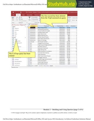 Module 2 – Building and Using Queries (page 2 of 6)
© 2016 Cengage Learning®. May not be scanned, copied or duplicated, or posted to a publicly accessible website, in whole or in part.
The first record has been deleted
from the TripCustomerList query
The CATrips query has been
created
Full file at https://testbankuniv.eu/Illustrated-Microsoft-Office-365-and-Access-2016-Introductory-1st-Edition-Friedrichsen-Solutions-Manual
Full file at https://testbankuniv.eu/Illustrated-Microsoft-Office-365-and-Access-2016-Introductory-1st-Edition-Friedrichsen-Solutions-Manual
 