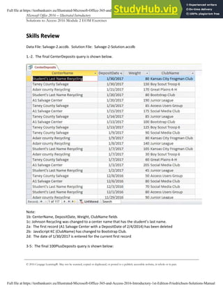 Microsoft Office 2016 – Illustrated Introductory Access-3
Solutions to Access 2016 Module 2 EOM Exercises
© 2016 Cengage Learning®. May not be scanned, copied or duplicated, or posted to a publicly accessible website, in whole or in part.
S
Sk
ki
il
ll
ls
s R
Re
ev
vi
ie
ew
w
Data File: Salvage-2.accdb. Solution File: Salvage-2-Solution.accdb
1.-2. The final CenterDeposits query is shown below.
Note:
1b: CenterName, DepositDate, Weight, ClubName fields
1c: Johnson Recycling was changed to a center name that has the student’s last name.
2a: The first record (A1 Salvage Center with a DepositDate of 2/4/2014) has been deleted
2b: JavaScript KC (ClubName) has changed to Bootstrap Club.
2d: The date of 1/30/2017 is entered for the current first record
3-5: The final 100PlusDeposits query is shown below:
Full file at https://testbankuniv.eu/Illustrated-Microsoft-Office-365-and-Access-2016-Introductory-1st-Edition-Friedrichsen-Solutions-Manual
Full file at https://testbankuniv.eu/Illustrated-Microsoft-Office-365-and-Access-2016-Introductory-1st-Edition-Friedrichsen-Solutions-Manual
 