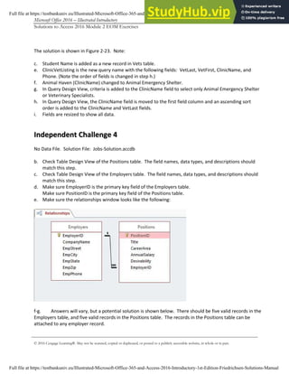 Microsoft Office 2016 – Illustrated Introductory Access-7
Solutions to Access 2016 Module 2 EOM Exercises
© 2016 Cengage Learning®. May not be scanned, copied or duplicated, or posted to a publicly accessible website, in whole or in part.
The solution is shown in Figure 2-23. Note:
c. Student Name is added as a new record in Vets table.
e. ClinicVetListing is the new query name with the following fields: VetLast, VetFirst, ClinicName, and
Phone. (Note the order of fields is changed in step h.)
f. Animal Haven (ClinicName) changed to Animal Emergency Shelter.
g. In Query Design View, criteria is added to the ClinicName field to select only Animal Emergency Shelter
or Veterinary Specialists.
h. In Query Design View, the ClinicName field is moved to the first field column and an ascending sort
order is added to the ClinicName and VetLast fields.
i. Fields are resized to show all data.
I
In
nd
de
ep
pe
en
nd
de
en
nt
t C
Ch
ha
al
ll
le
en
ng
ge
e 4
4
No Data File. Solution File: Jobs-Solution.accdb
b. Check Table Design View of the Positions table. The field names, data types, and descriptions should
match this step.
c. Check Table Design View of the Employers table. The field names, data types, and descriptions should
match this step.
d. Make sure EmployerID is the primary key field of the Employers table.
Make sure PositionID is the primary key field of the Positions table.
e. Make sure the relationships window looks like the following:
f-g. Answers will vary, but a potential solution is shown below. There should be five valid records in the
Employers table, and five valid records in the Positions table. The records in the Positions table can be
attached to any employer record.
Full file at https://testbankuniv.eu/Illustrated-Microsoft-Office-365-and-Access-2016-Introductory-1st-Edition-Friedrichsen-Solutions-Manual
Full file at https://testbankuniv.eu/Illustrated-Microsoft-Office-365-and-Access-2016-Introductory-1st-Edition-Friedrichsen-Solutions-Manual
 