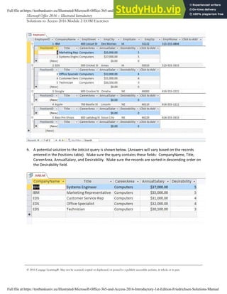 Microsoft Office 2016 – Illustrated Introductory Access-8
Solutions to Access 2016 Module 2 EOM Exercises
© 2016 Cengage Learning®. May not be scanned, copied or duplicated, or posted to a publicly accessible website, in whole or in part.
h. A potential solution to the JobList query is shown below. (Answers will vary based on the records
entered in the Positions table). Make sure the query contains these fields: CompanyName, Title,
CareerArea, AnnualSalary, and Desirability. Make sure the records are sorted in descending order on
the Desirability field.
Full file at https://testbankuniv.eu/Illustrated-Microsoft-Office-365-and-Access-2016-Introductory-1st-Edition-Friedrichsen-Solutions-Manual
Full file at https://testbankuniv.eu/Illustrated-Microsoft-Office-365-and-Access-2016-Introductory-1st-Edition-Friedrichsen-Solutions-Manual
 