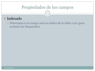 Propiedades de los campos
                                 16

 Indexado
   Determina si el campo será un índice de la tabla o no (para
    acelerar las búsquedas).




www.valero.biz
 