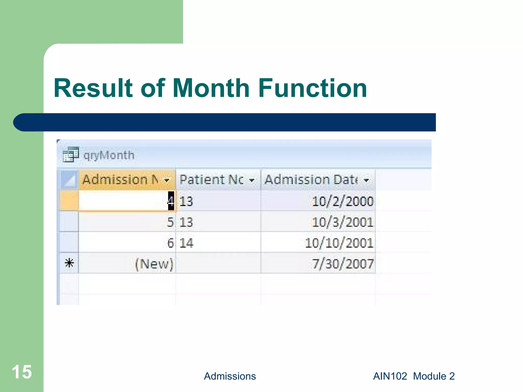 Result of Month Function Admissions AIN102  Module 2 