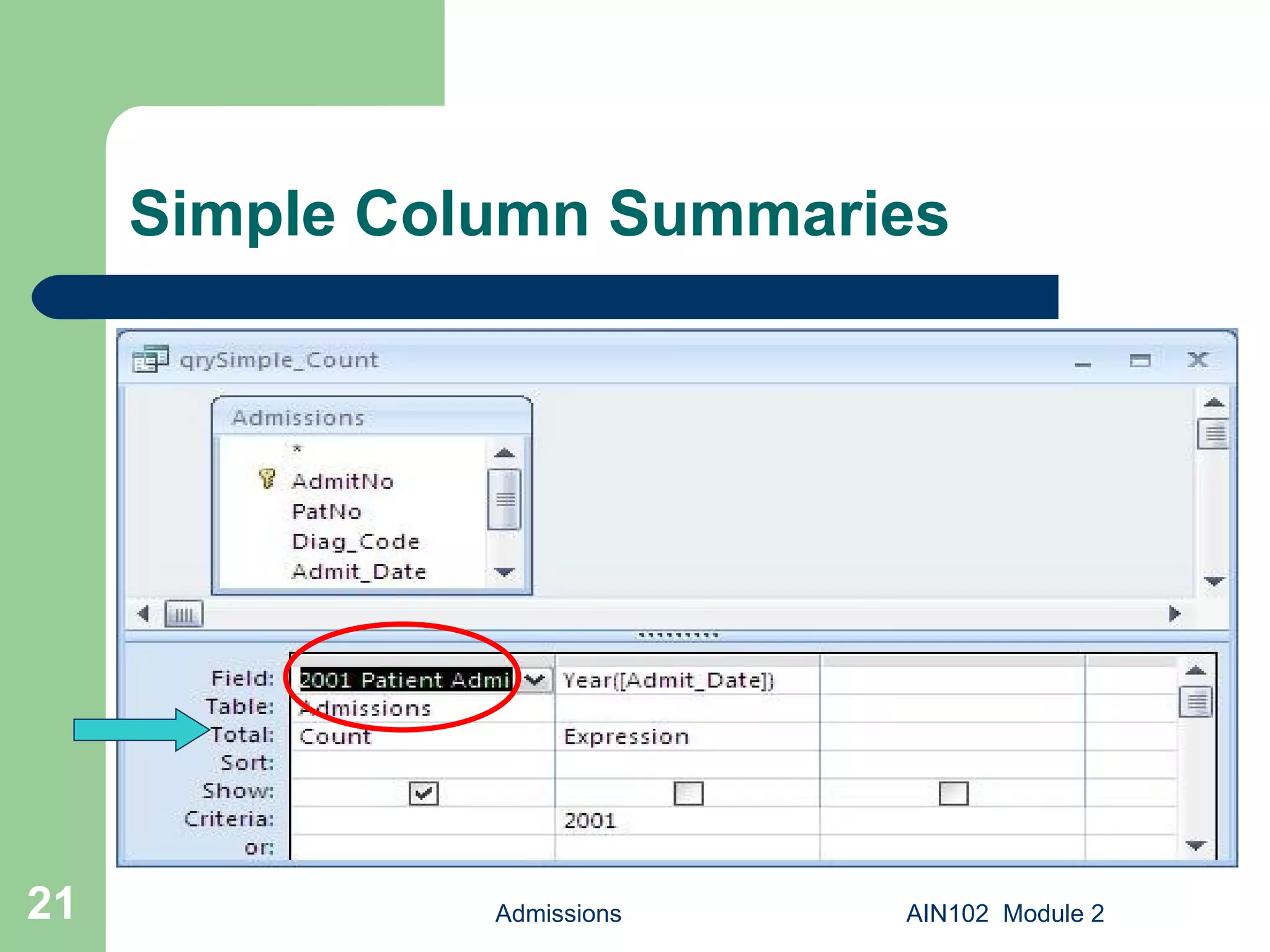 Simple Column Summaries Admissions AIN102  Module 2 