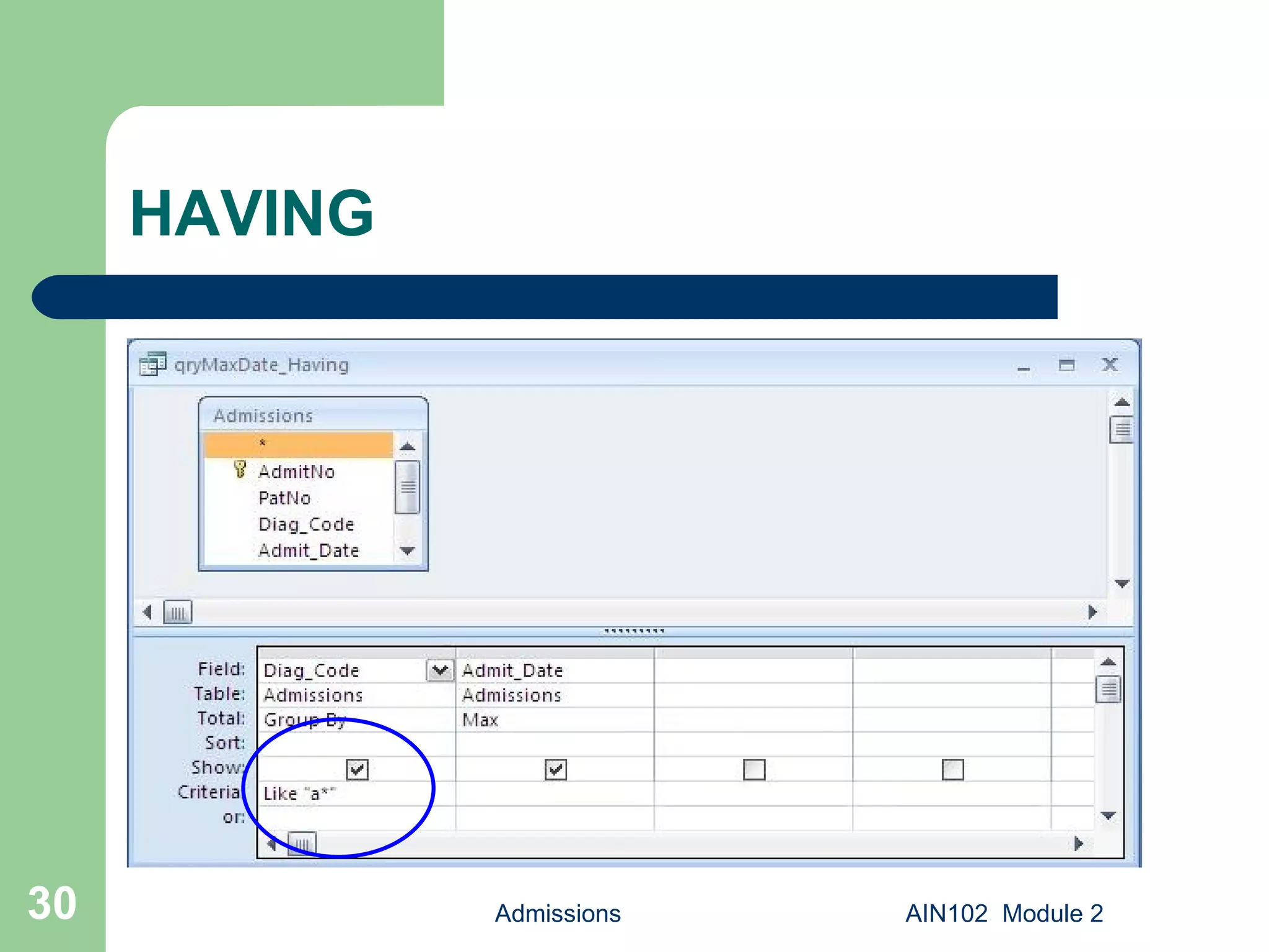 HAVING Admissions AIN102  Module 2 
