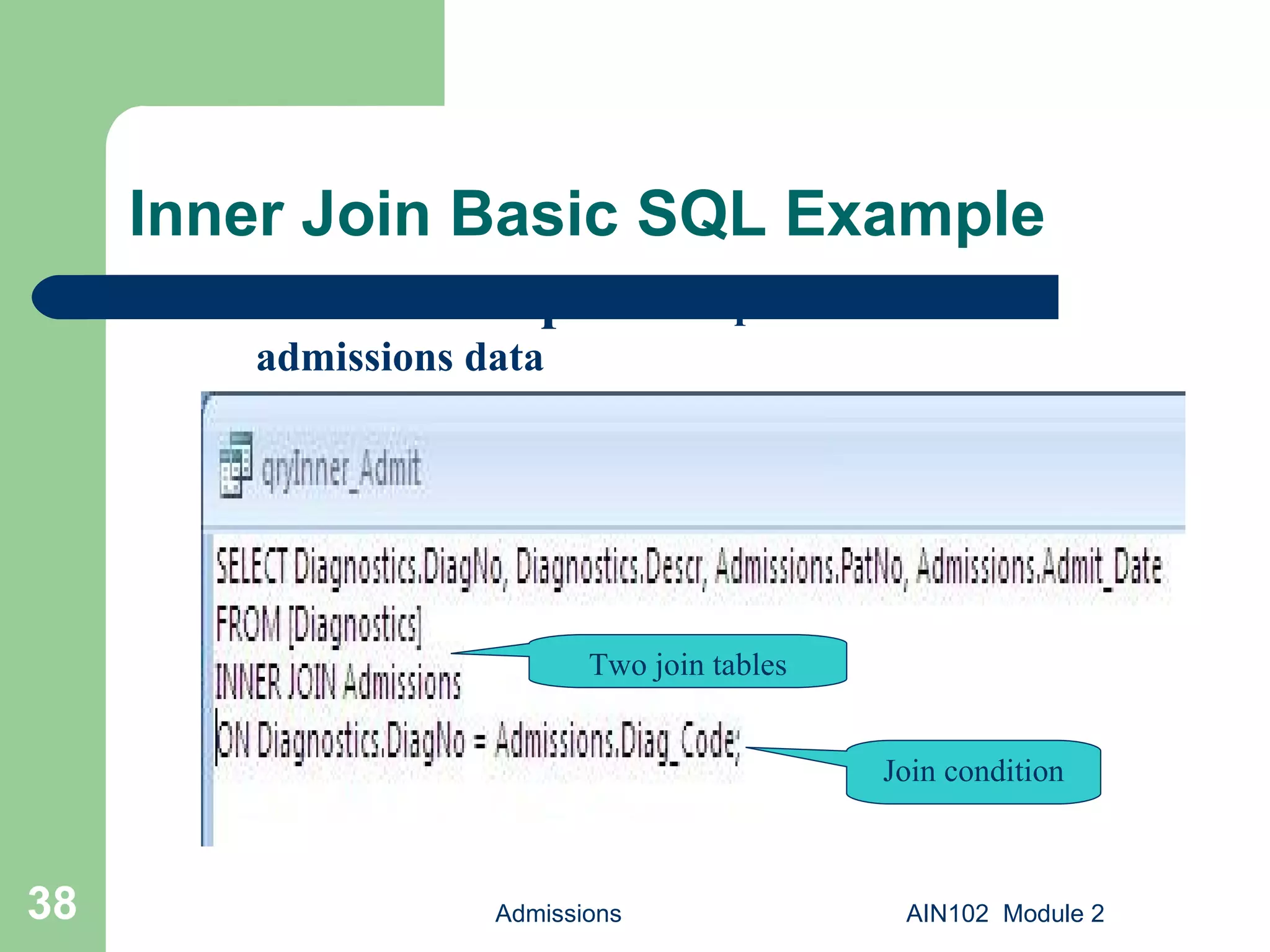 Inner Join Basic SQL Example Admissions AIN102  Module 2 Basic Example:  Add patient names to admissions data Two join tables Join condition 
