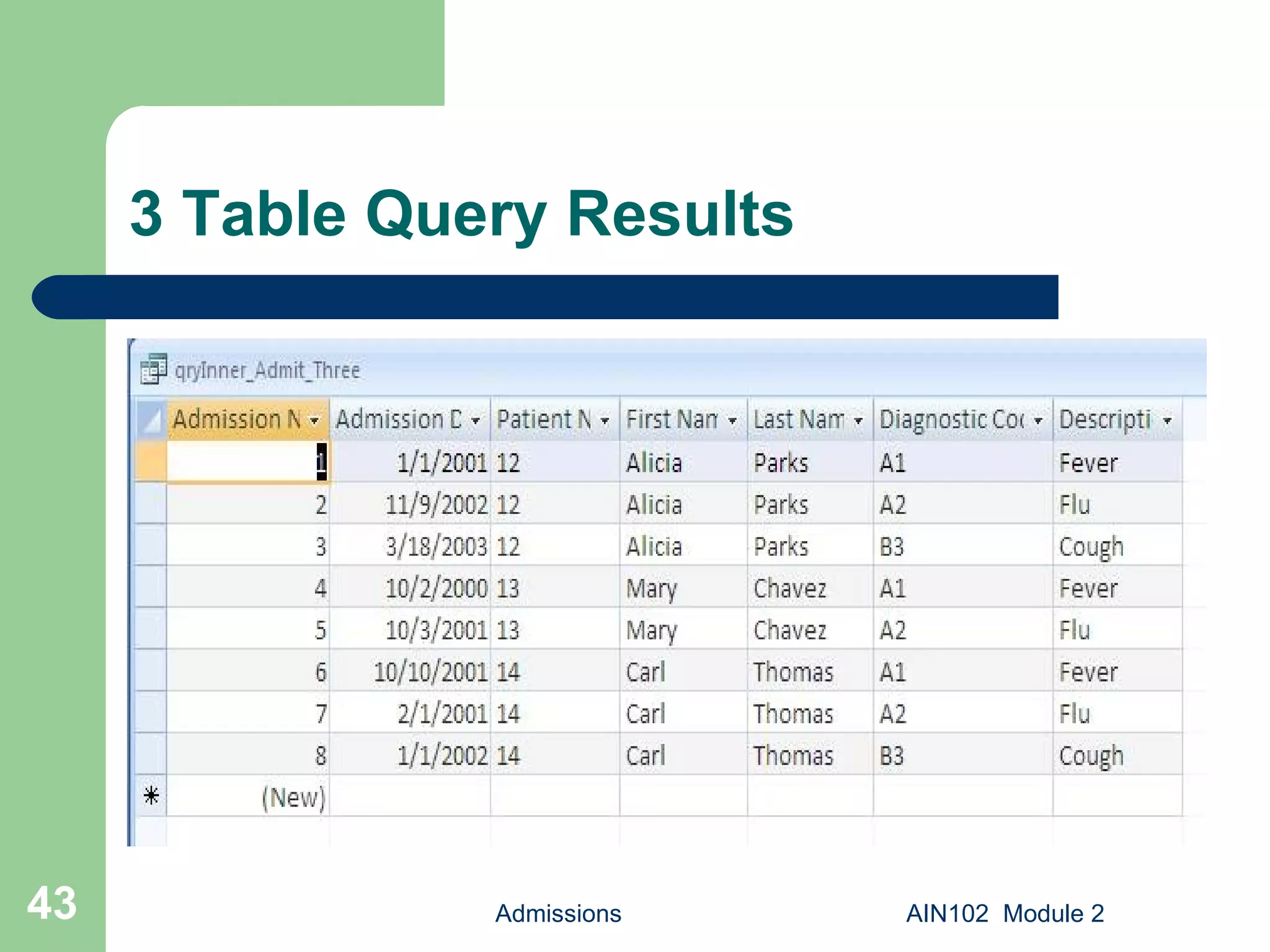 3 Table Query Results Admissions AIN102  Module 2 