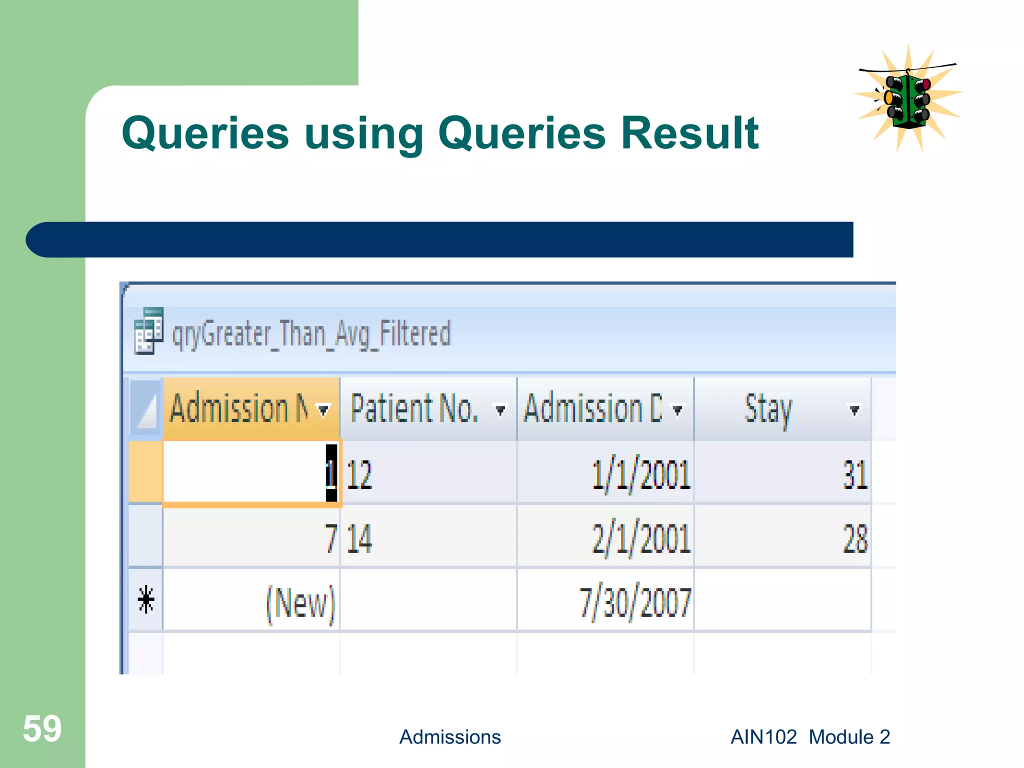 Queries using Queries Result Admissions AIN102  Module 2 