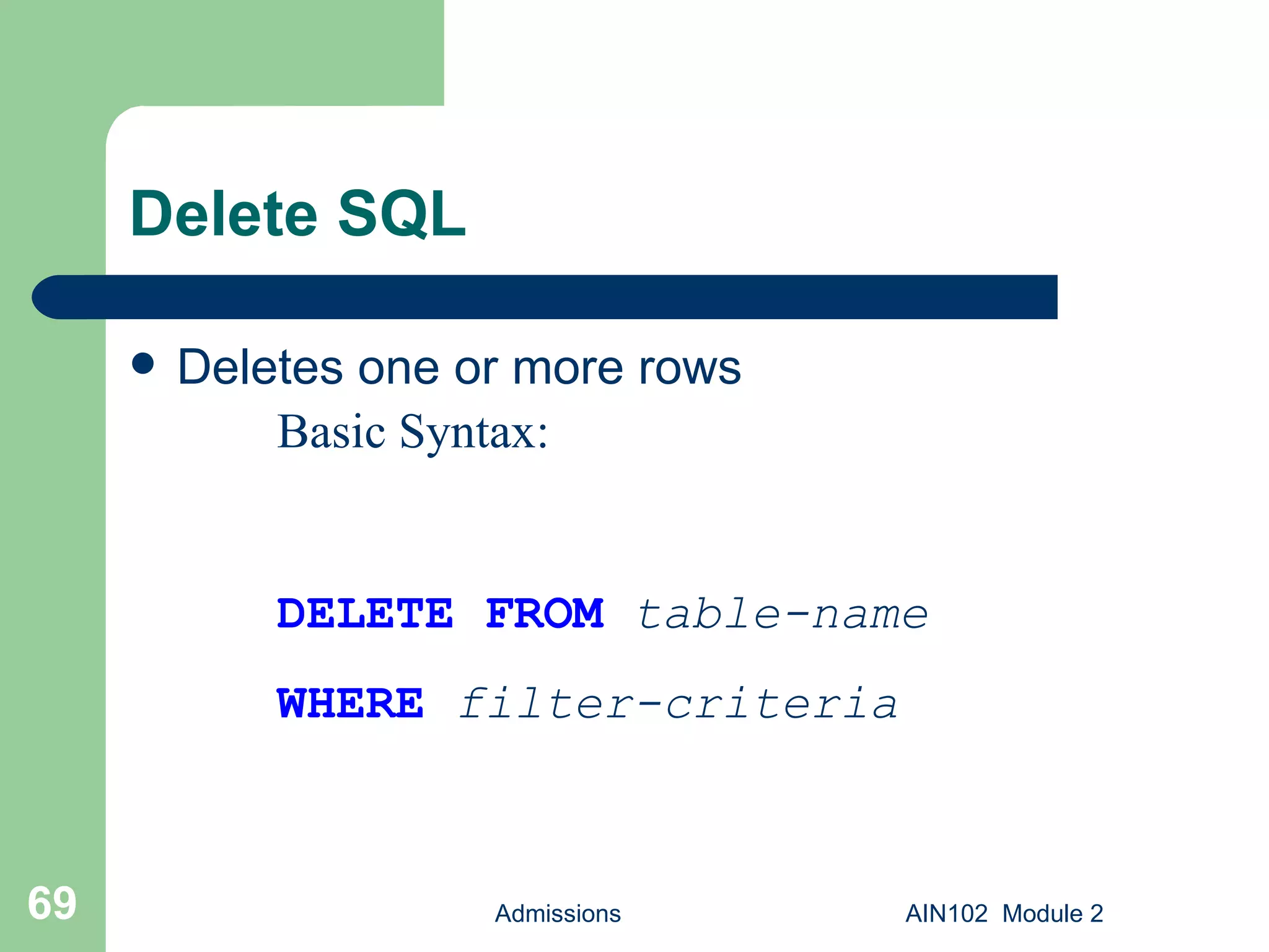 Delete SQL Deletes one or more rows Admissions AIN102  Module 2 Basic Syntax: DELETE FROM   table-name WHERE   filter-criteria 