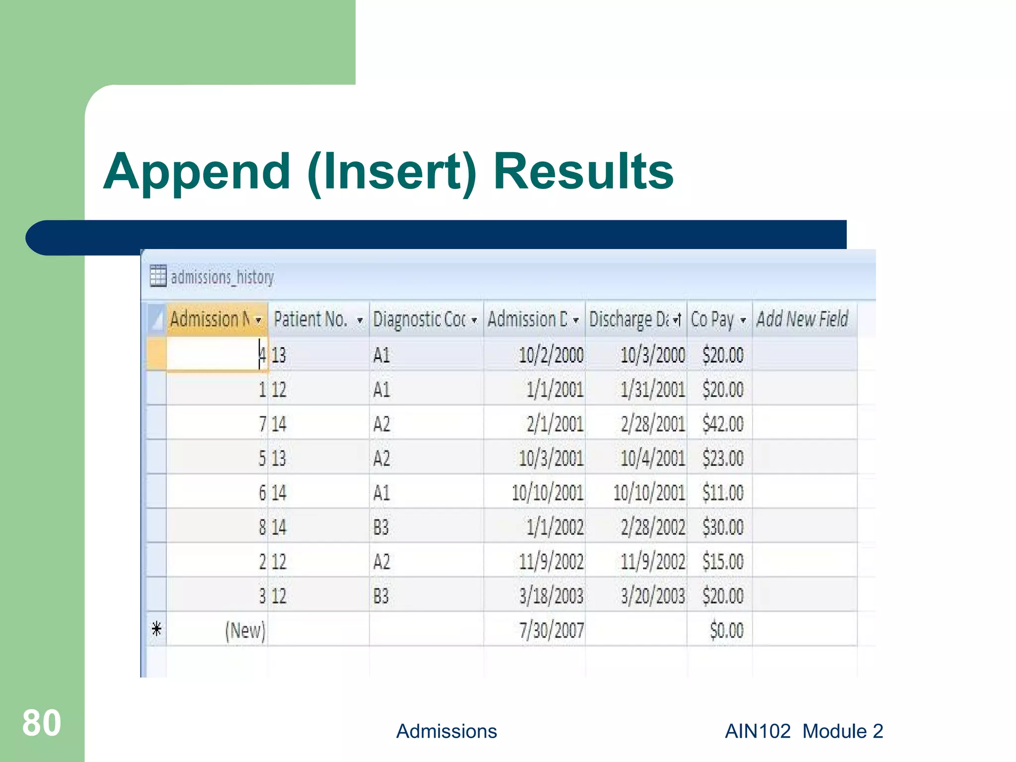 Append (Insert) Results Admissions AIN102  Module 2 