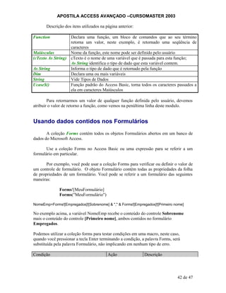 APOSTILA ACCESS AVANÇADO –CURSOMASTER 2003
Descrição dos itens utilizados na página anterior:
Function Declara uma função, um bloco de comandos que ao seu término
retorna um valor, neste exemplo, é retornado uma seqüência de
caracteres
Maiúsculas Nome da função, este nome pode ser definido pelo usuário
(cTexto As String) cTexto é o nome de uma variável que é passada para esta função;
As String identifica o tipo de dado que esta variável contem.
As String Informa o tipo de dado que é retornado pela função
Dim Declara uma ou mais variáveis
String Vide Tipos de Dados
Ucase$() Função padrão do Access Basic, torna todos os caracteres passados a
ela em caracteres Maiúsculos
Para retornarmos um valor de qualquer função definida pelo usuário, devemos
atribuir o valor de retorno a função, como vemos na penúltima linha deste modulo.
Usando dados contidos nos Formulários
A coleção Forms contém todos os objetos Formulários abertos em um banco de
dados do Microsoft Access.
Use a coleção Forms no Access Basic ou uma expressão para se referir a um
formulário em particular.
Por exemplo, você pode usar a coleção Forms para verificar ou definir o valor de
um controle de formulário. O objeto Formulário contém todas as propriedades da folha
de propriedades de um formulário. Você pode se referir a um formulário das seguintes
maneiras:
Forms![MeuFormulário]
Forms("MeuFormulário")
NomeEmp=Forms![Empregados]![Sobrenome] & "," & Forms![Empregados]![Primeiro nome]
No exemplo acima, a variável NomeEmp recebe o conteúdo do controle Sobrenome
mais o conteúdo do controle [Primeiro nome], ambos contidos no formulário
Empregados.
Podemos utilizar a coleção forms para testar condições em uma macro, neste caso,
quando você pressionar a tecla Enter terminando a condição, a palavra Forms, será
substituída pela palavra Formulário, não implicando em nenhum tipo de erro.
Condição Ação Descrição
42 de 47
 