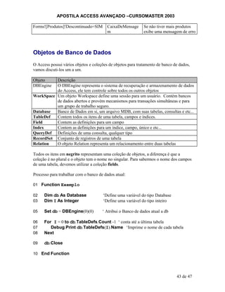 APOSTILA ACCESS AVANÇADO –CURSOMASTER 2003
Forms![Produtos]!Descontinuado=SIM CaixaDeMensage
m
Se não tiver mais produtos
exibe uma mensagem de erro
Objetos de Banco de Dados
O Access possui vários objetos e coleções de objetos para tratamento de banco de dados,
vamos discuti-los um a um.
Objeto Descrição
DBEngine O DBEngine representa o sistema de recuperação e armazenamento de dados
do Access, ele tem controle sobre todos os outros objetos
WorkSpace Um objeto Workspace define uma sessão para um usuário. Contém bancos
de dados abertos e provém mecanismos para transações simultâneas e para
um grupo de trabalho seguro.
Database Banco de Dados em si, um arquivo MDB, com suas tabelas, consultas e etc...
TableDef Contem todos os itens de uma tabela, campos e índices.
Field Contem as definições para um campo
Index Contem as definições para um índice, campo, único e etc...
QueryDef Definições de uma consulta, qualquer tipo
RecordSet Conjunto de registros de uma tabela
Relation O objeto Relation representa um relacionamento entre duas tabelas
Todos os itens em negrito representam uma coleção de objetos, a diferença é que a
coleção é no plural e o objeto tem o nome no singular. Para sabermos o nome dos campos
de uma tabela, devemos utilizar a coleção fields.
Processo para trabalhar com o banco de dados atual:
01 Function Exemplo
02 Dim db As Database ‘Define uma variável do tipo Database
03 Dim I As Integer ‘Define uma variável do tipo inteiro
05 Set db = DBEngine(0)(0) ‘ Atribui o Banco de dados atual a db
06 For I = 0 to db.TableDefs.Count -1 ‘ conta até a última tabela
07 Debug.Print db.TableDefs(I).Name ‘Imprime o nome de cada tabela
08 Next
09 db.Close
10 End Function
43 de 47
 