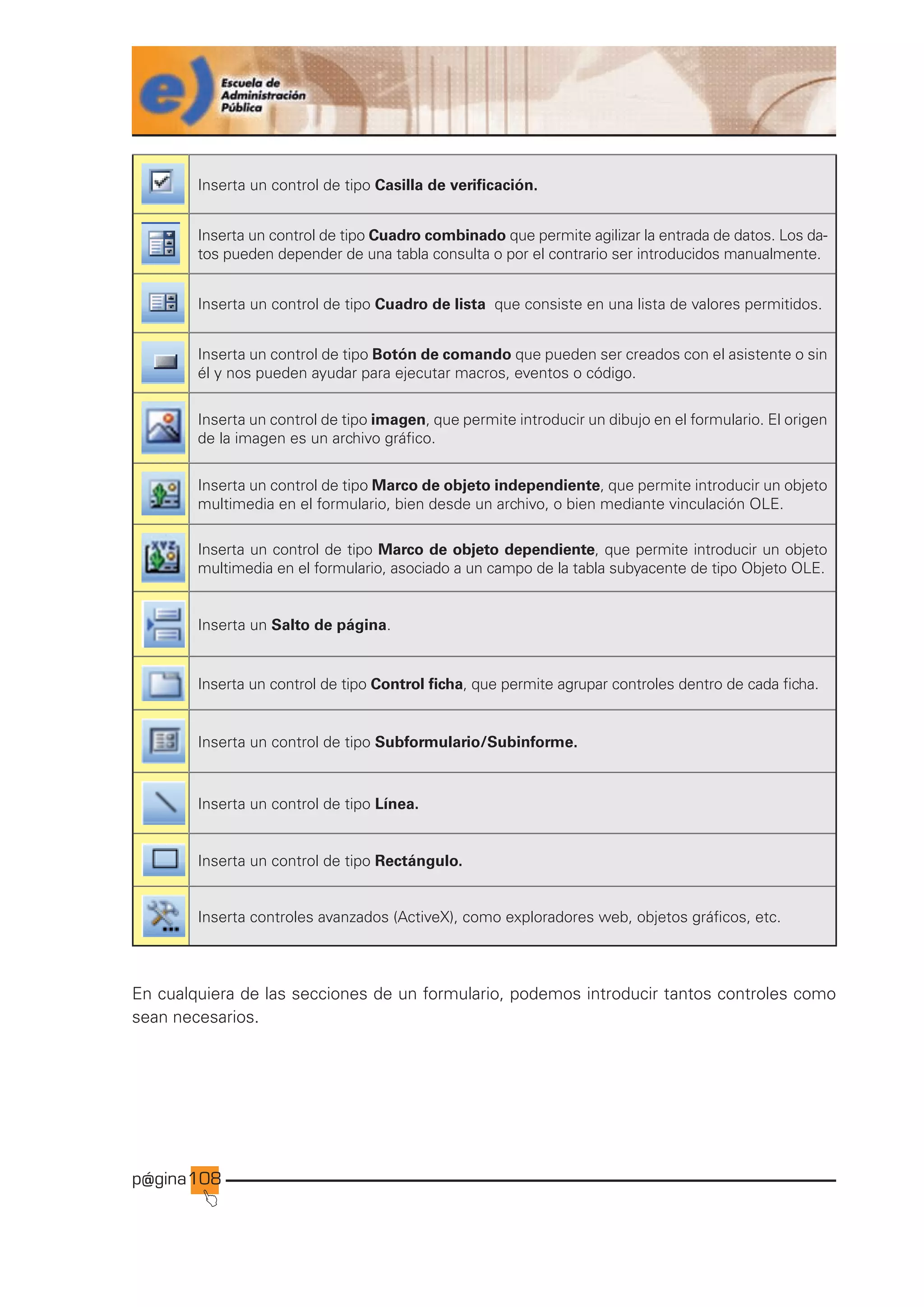 p@gina
´
J
108
Inserta un control de tipo Casilla de verificación.
Inserta un control de tipo Cuadro combinado que permite agilizar la entrada de datos. Los da-
tos pueden depender de una tabla consulta o por el contrario ser introducidos manualmente.
Inserta un control de tipo Cuadro de lista que consiste en una lista de valores permitidos.
Inserta un control de tipo Botón de comando que pueden ser creados con el asistente o sin
él y nos pueden ayudar para ejecutar macros, eventos o código.
Inserta un control de tipo imagen, que permite introducir un dibujo en el formulario. El origen
de la imagen es un archivo gráfico.
Inserta un control de tipo Marco de objeto independiente, que permite introducir un objeto
multimedia en el formulario, bien desde un archivo, o bien mediante vinculación OLE.
Inserta un control de tipo Marco de objeto dependiente, que permite introducir un objeto
multimedia en el formulario, asociado a un campo de la tabla subyacente de tipo Objeto OLE.
Inserta un Salto de página.
Inserta un control de tipo Control ficha, que permite agrupar controles dentro de cada ficha.
Inserta un control de tipo Subformulario/Subinforme.
Inserta un control de tipo Línea.
Inserta un control de tipo Rectángulo.
Inserta controles avanzados (ActiveX), como exploradores web, objetos gráficos, etc.
En cualquiera de las secciones de un formulario, podemos introducir tantos controles como
sean necesarios.
Ir a índice
 