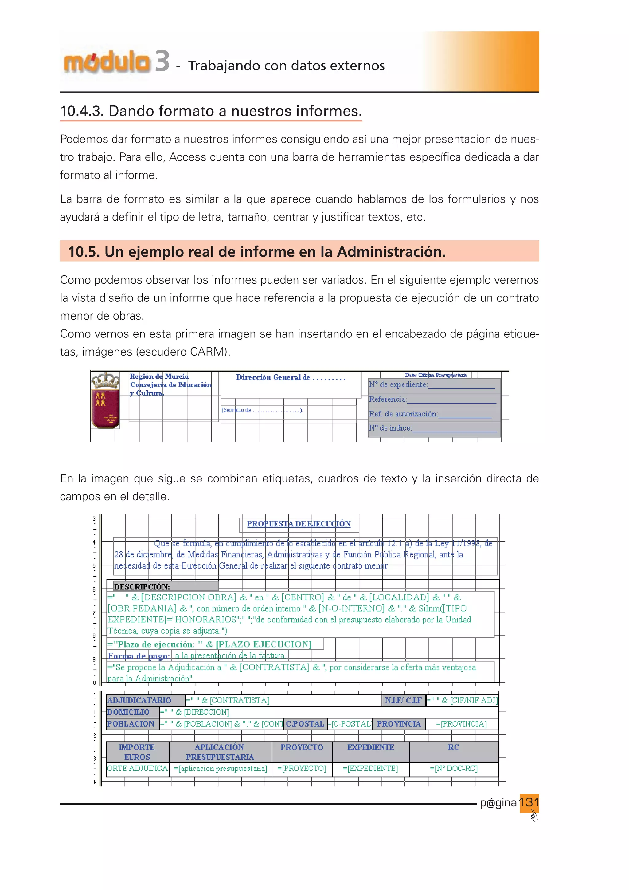 p@gina
´
G
131
3 - Trabajando con datos externos
10.4.3. Dando formato a nuestros informes.
Podemos dar formato a nuestros informes consiguiendo así una mejor presentación de nues-
tro trabajo. Para ello, Access cuenta con una barra de herramientas específica dedicada a dar
formato al informe.
La barra de formato es similar a la que aparece cuando hablamos de los formularios y nos
ayudará a definir el tipo de letra, tamaño, centrar y justificar textos, etc.
10.5. Un ejemplo real de informe en la Administración.
Como podemos observar los informes pueden ser variados. En el siguiente ejemplo veremos
la vista diseño de un informe que hace referencia a la propuesta de ejecución de un contrato
menor de obras.
Como vemos en esta primera imagen se han insertando en el encabezado de página etique-
tas, imágenes (escudero CARM).
En la imagen que sigue se combinan etiquetas, cuadros de texto y la inserción directa de
campos en el detalle.
Ir a índice
 