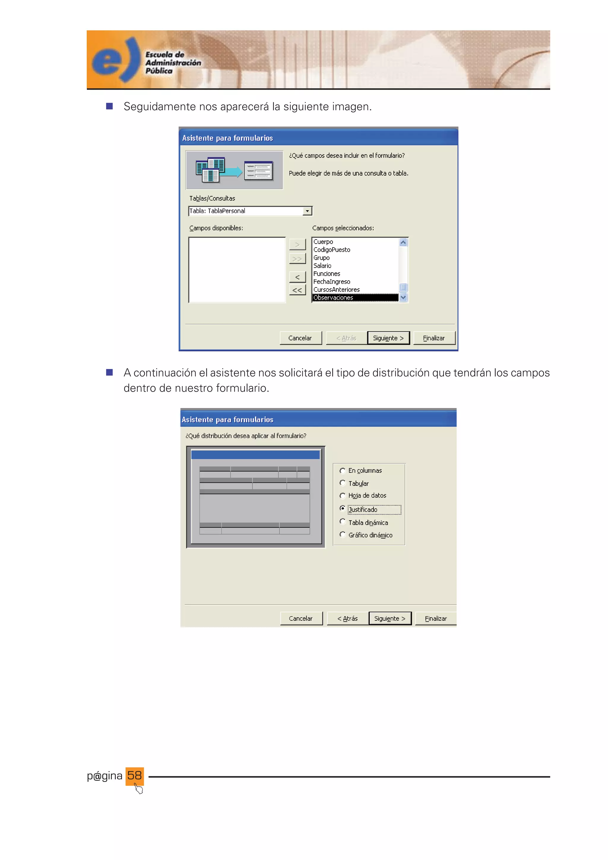 p@gina
´
J
58
n Seguidamente nos aparecerá la siguiente imagen.
n A continuación el asistente nos solicitará el tipo de distribución que tendrán los campos
dentro de nuestro formulario.
Ir a índice
 